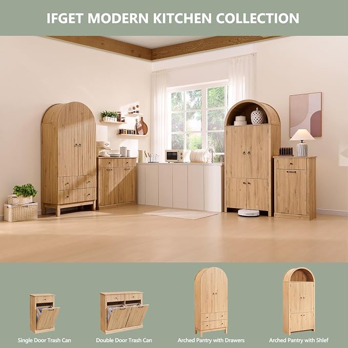 71" Tall Arched Kitchen Pantry, Modern Fluted Wood Storage Cabinet - Image 6
