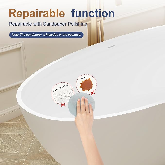 SJ STAR&JANE 69" Solid Surface Freestanding Bathtub, Matte White Stone Resin - Image 4