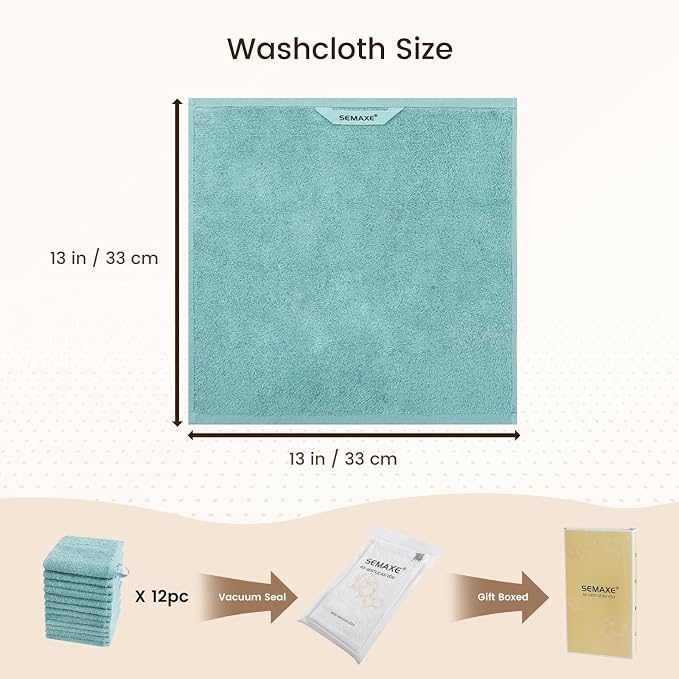 SEMAXE 100% Cotton Washcloths 12-Pack, 13 × 13 Inch Soft Luxury Face Towels – - Image 2