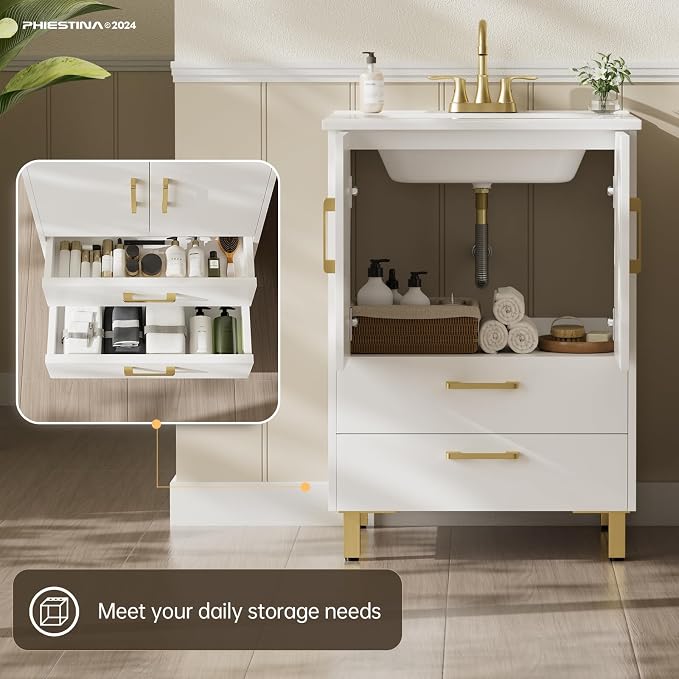 phiestina Fully Pre-Assembled 24 inch Single White Bathroom Vanity - Image 4