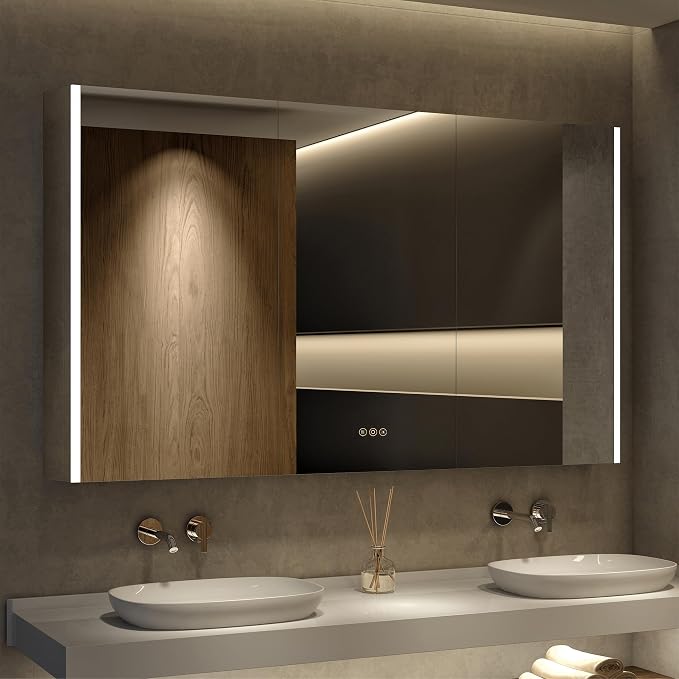 Medicine Cabinet with LED Lights and Mirror, 60 x 32 Inch Surface or Recessed by HBEZON