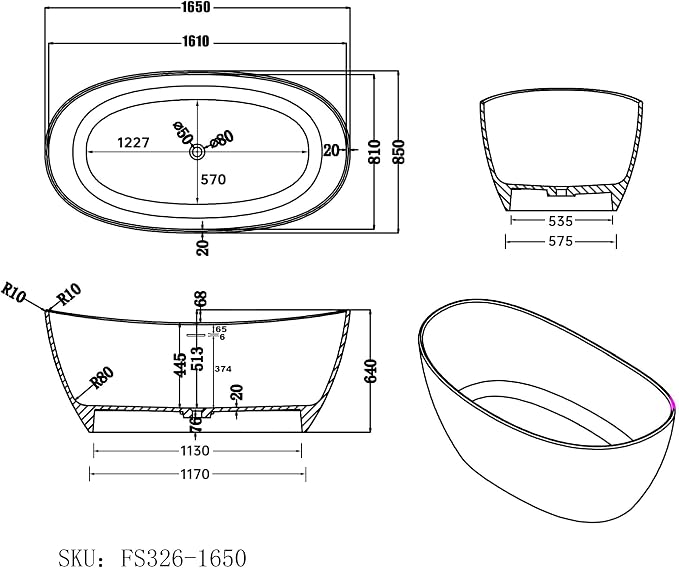 65'' Freestanding Solid Surface Resin Stone Bathtub, Freestanding Tub, - Image 6