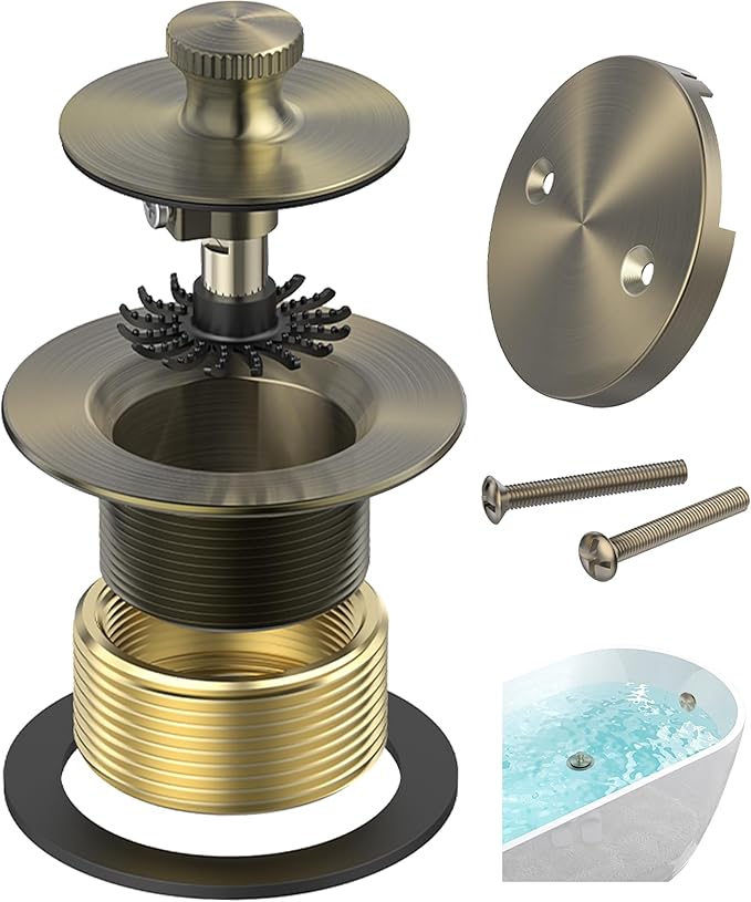 Antique Brass Bathtub Drain, Hair Catcher and 2-Hole Overflow Faceplate by AllProducts
