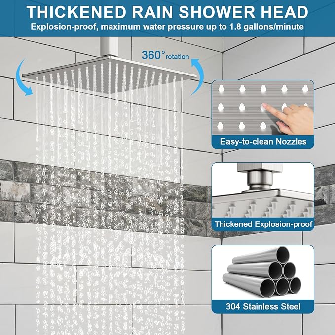 Shower Faucet Set Brushed Nickel Shower System, Ceiling Mount 12 Inch Shower - Image 4
