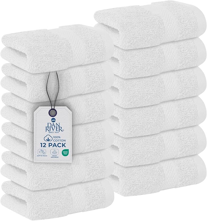 DAN RIVER 12-Pack Premium 100% Cotton White Face Towels – Reusable Face Towel by DanRiver