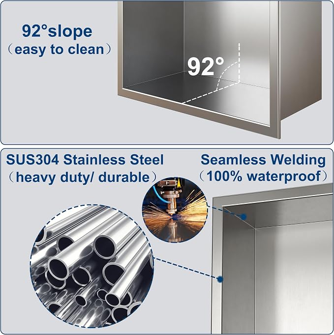 Neodrain 8X36 Inch Brushed Three Layers Stainless Steel Shower Niche, NO Tile - Image 5