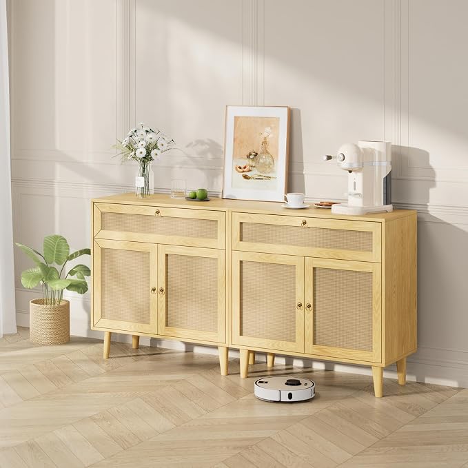 Storage Cabinet with Rattan Decor Doors & Drawer, Modern Bathroom Floor Storage - Image 5