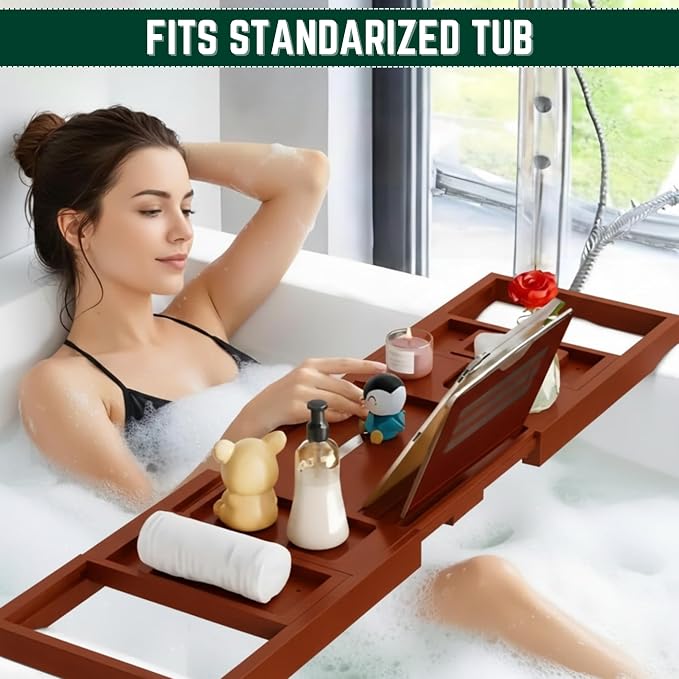 Bamboo Bathtub Caddy Tray Expandable & Foldable Bath Shelfwith Book, Tablet & - Image 3
