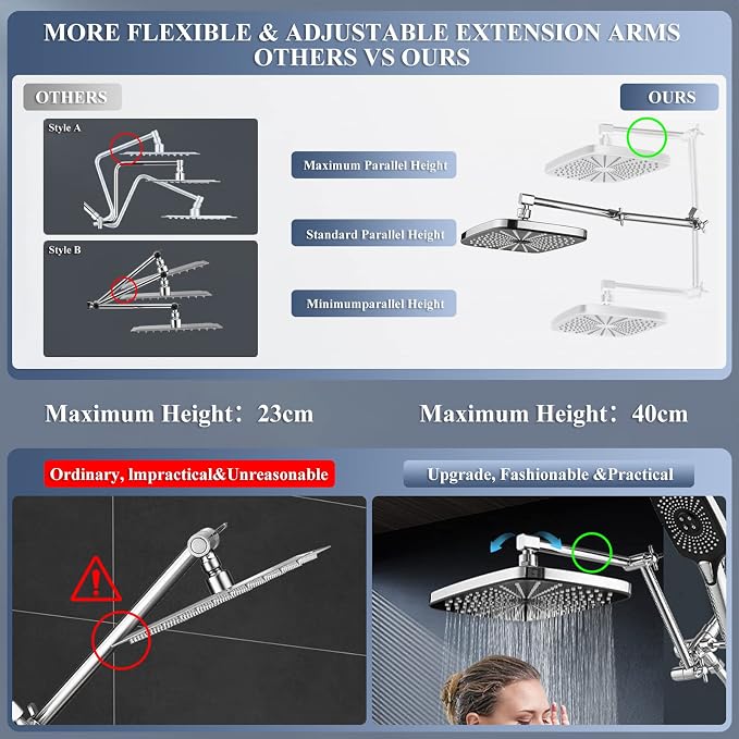 12 Inch Rain Shower Head with Handheld Spray Combo and Extention Arm, High - Image 4