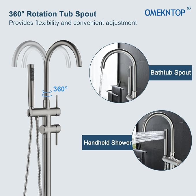 Freestanding Bathtub Faucet Floor Mount Tub Filler Brush Nickel, OMEKNTOP - Image 6