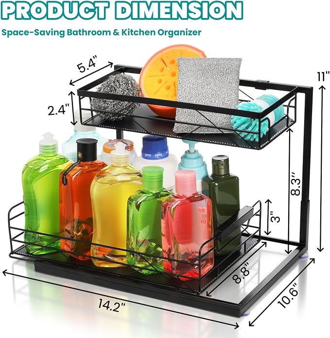 Pull Out Under Sink Organizer, 2 Tier Kitchen Cabinet Organizer - Image 2