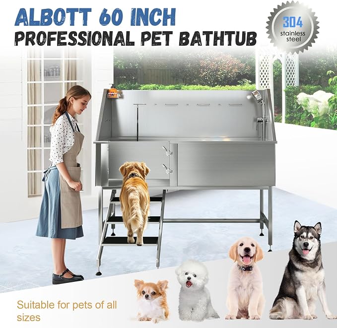 Albott 60 Inch Stainless Steel Dog Washing Station, Professional Pet Bathtub - Image 2