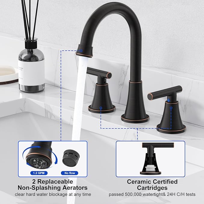 Bathroom Faucets for Sink 3 Hole, Hurran Oil Rubbed Bronze Bathroom Sink Faucet - Image 4