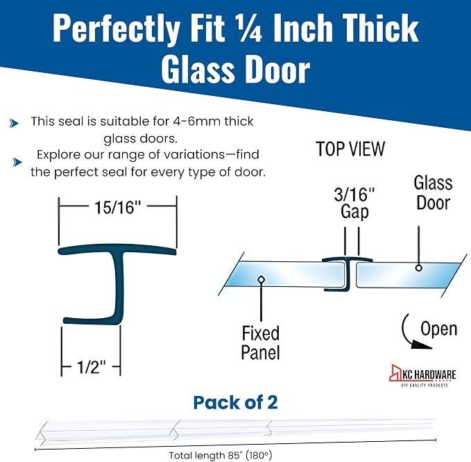 KC Hardware 85 Inch Frameless Shower Door Side Seal Strip, H-Type Glass Shower - Image 3