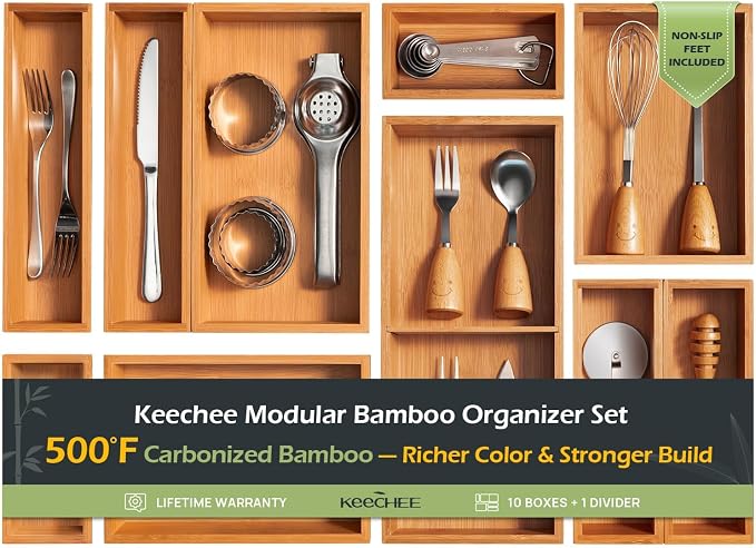 10-Piece Bamboo Drawer Organizer Set, 2.2" Deep Multi-Use Organizers by Keechee