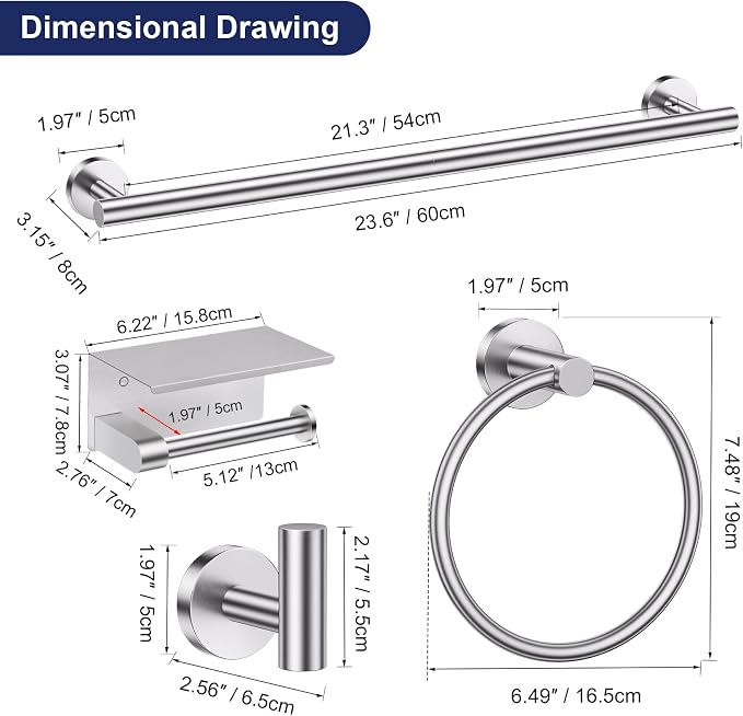 5-Piece Towel Bar Set Brushed Nickel Bathroom Hardware Accessories Set Upgraded - Image 7
