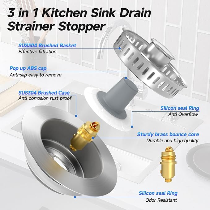 3 in 1 Kitchen Sink Drain Strainer Sink Stopper, Stainless Steel Sink Drain - Image 5