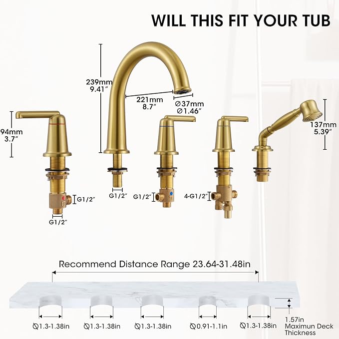 Roman Tub Faucet Set with Hand Shower, KRUZOO Bathtub Faucet Set Trim Kit with - Image 7