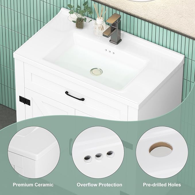 32 Inch Bathroom Vanity with Sink, Small Bathroom Sink Cabinet with 2 Barn Doors - Image 7