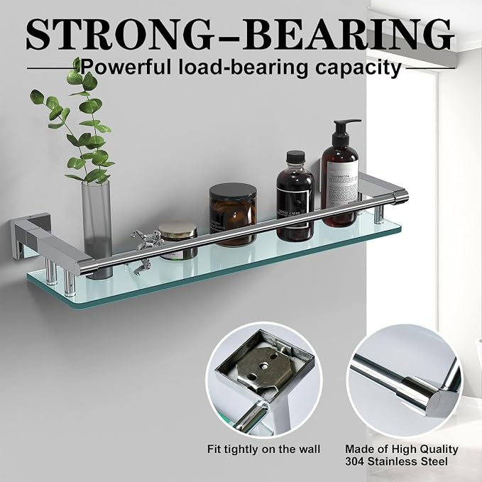 Glass Shelves for Bathroom, 20IN Rectangular Chrome Stainless Steel Tempered - Image 4
