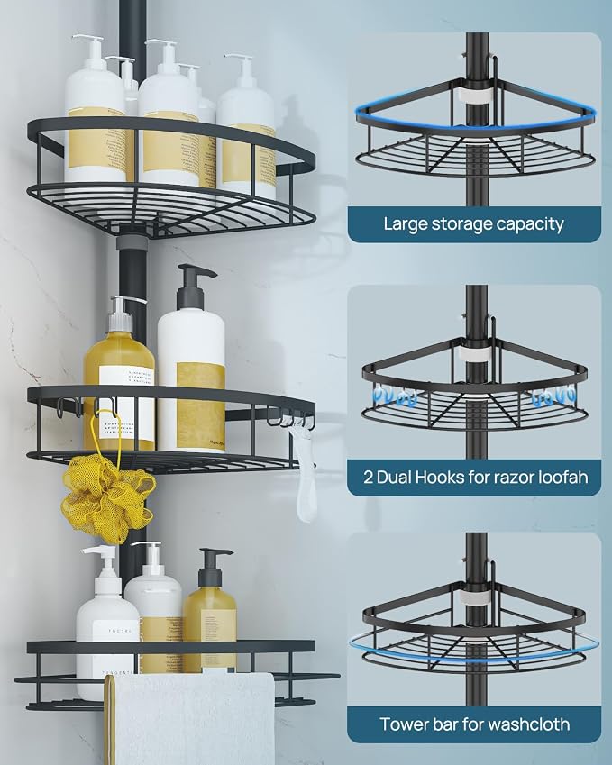 SEIRIONE Corner Shower Caddy Tension Pole, Rustproof Bathroom Shower Organizer - Image 6