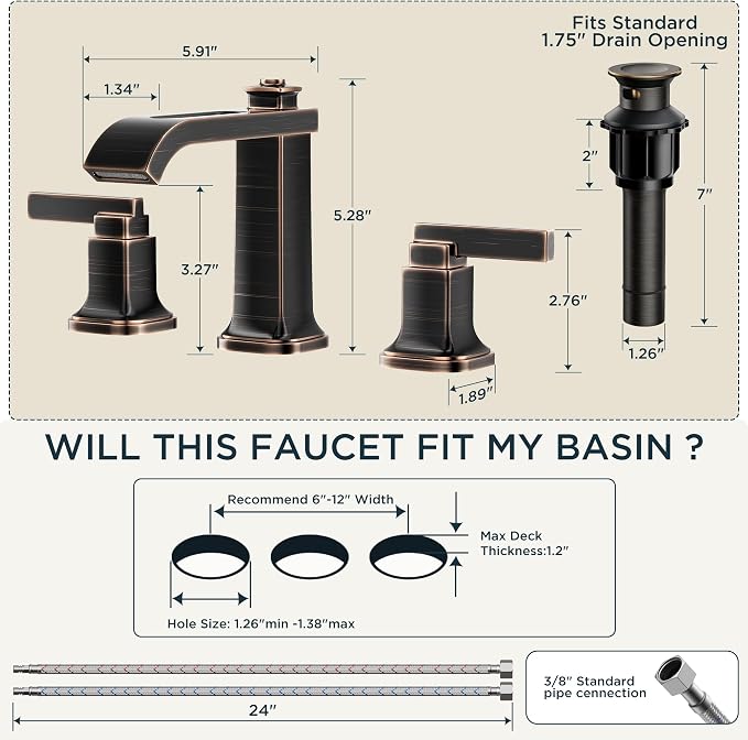 FORIOUS 3 Hole Oil Rubbed Bronze Bathroom Faucet, 8 Inch Widespread Bathroom - Image 2