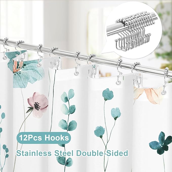 Gibelle 3 in 1 Shower Curtain Set, Teal Watercolor Floral Bath Curtain and PEVA - Image 3
