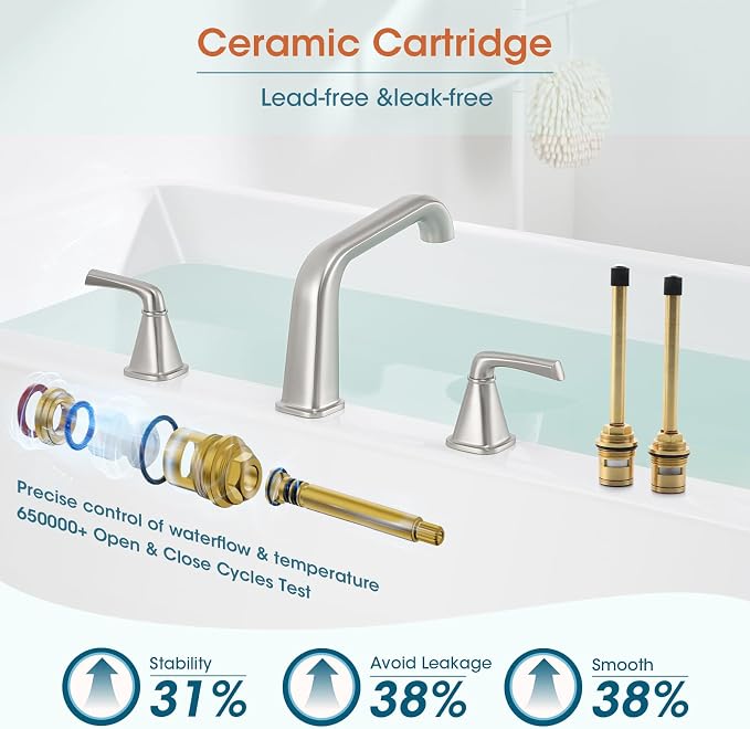 Bathtub Faucet Set 3 Hole, Brushed Nickel Roman Bathtub Faucet, High Flow Deck - Image 4