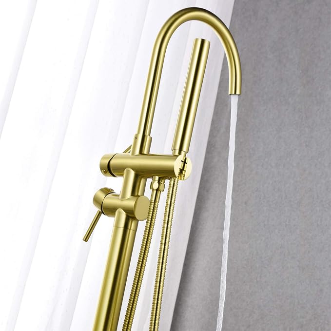 Freestanding Tub Filler Bathtub Faucet Brushed Gold Floor Mounted Brass Faucets - Image 4