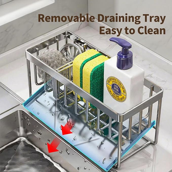 Sink Caddy Sponge Holder for Kitchen, 18/8 Stainless Steel Self Drain Tray - Image 5