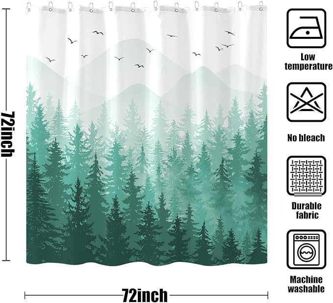 Aipon Teal Misty Forest Shower Curtain Ombre Nature Tree Plants Shower Curtains - Image 7