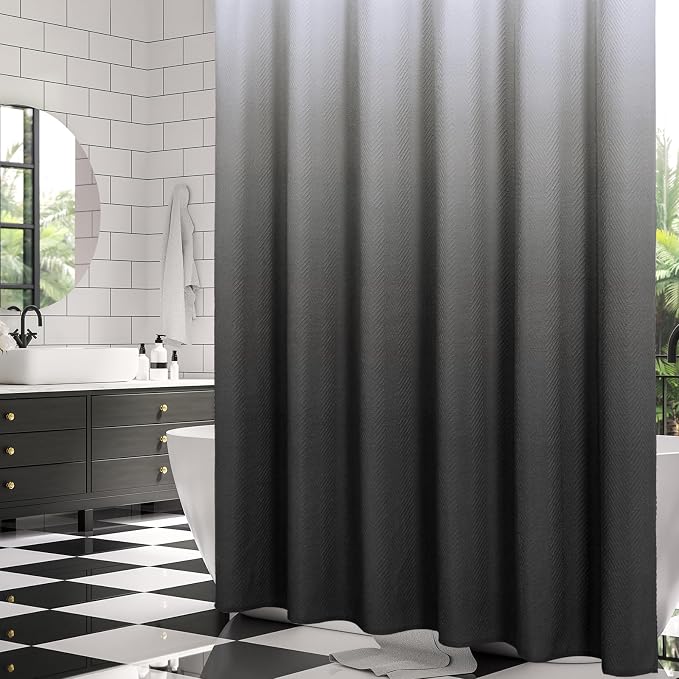 Gibelle Ombre Black Shower Curtain, 3D Embossed Textured Herringbone Fabric - Image 2