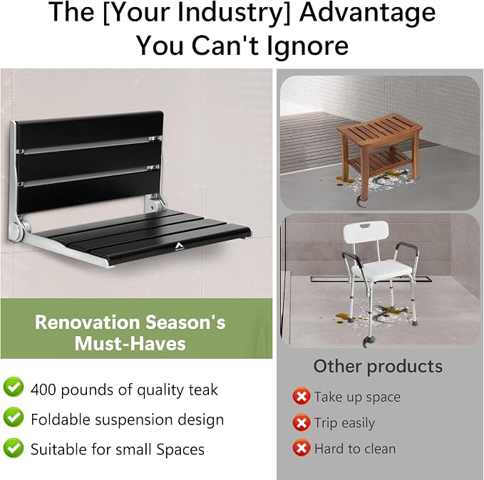 Wall Mounted Shower Seat - 16IN Teak Fold Down Shower Seat - Image 6