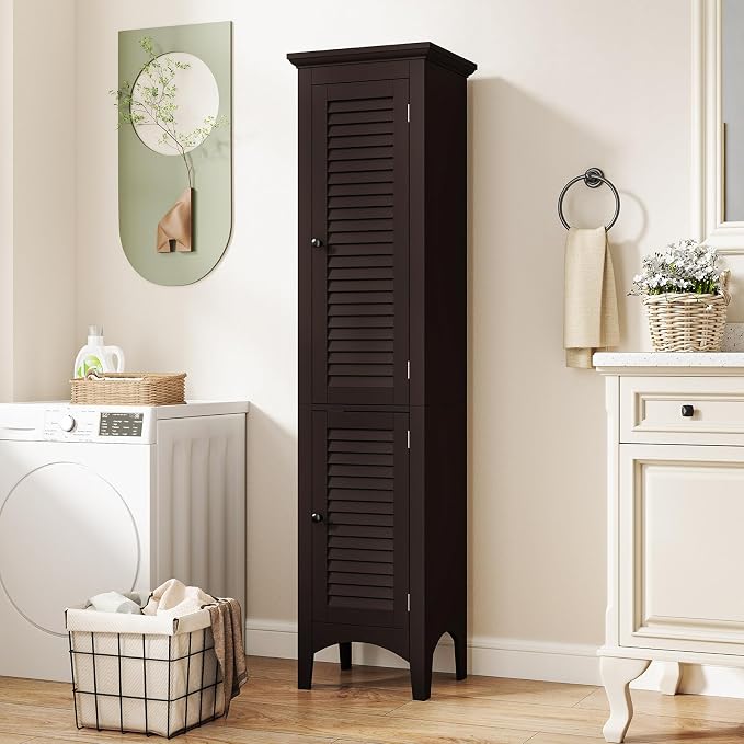 Tangkula 63" Tall Bathroom Storage Cabinet, Freestanding Narrow Linen Tower - Image 2