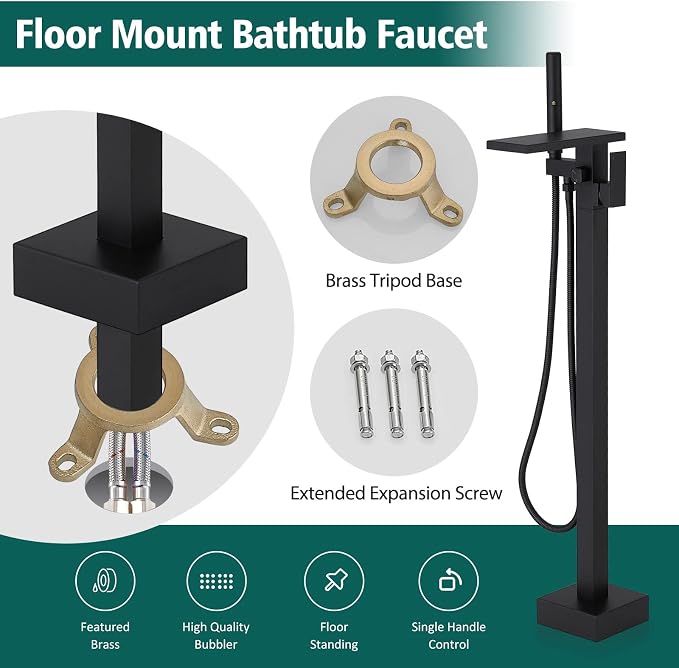 Hoimpro Tub Filler Freestanding Bathtub Faucet Matte Black Floor Mount Tub - Image 8