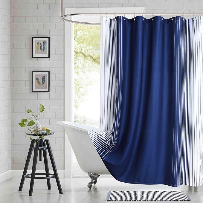 Blue Shower Curtain 78 Inches Long, Modern Navy Blue and White Gradient by BESTRIPES