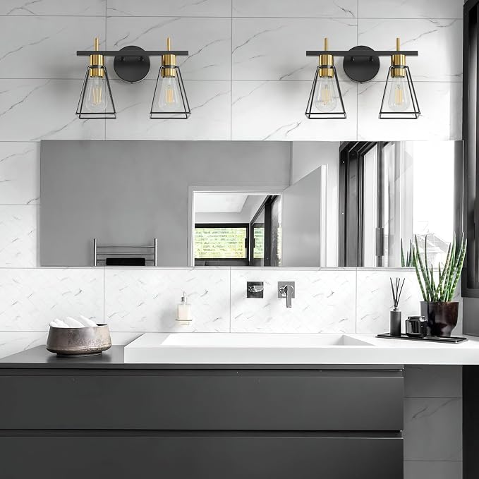 Industrial Bathroom Vanity Lights: 2 Lights Black and Gold Vintage Metal Cage - Image 7