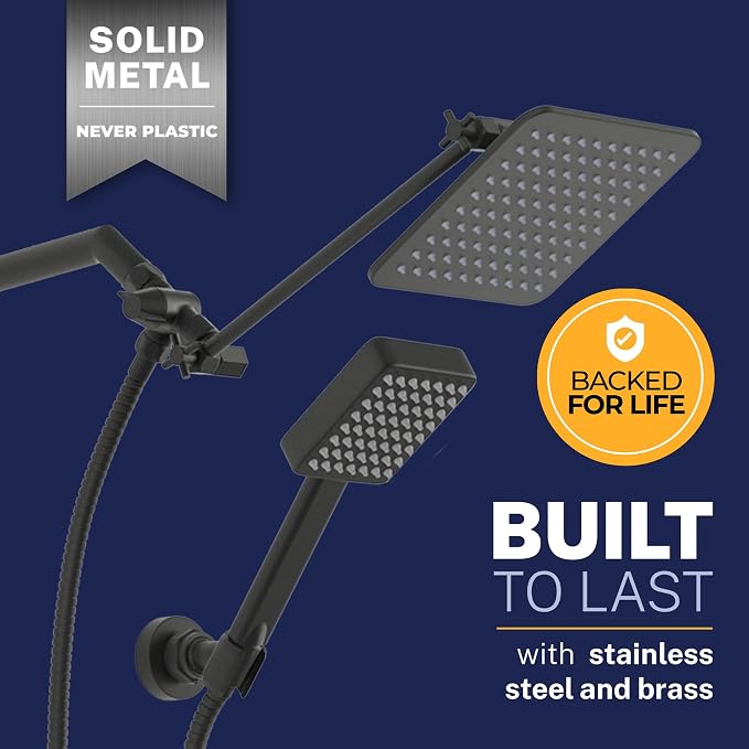 HammerHead® Solid Metal Dual Shower Head Combo — 8" Square Rain Shower Head - Image 6