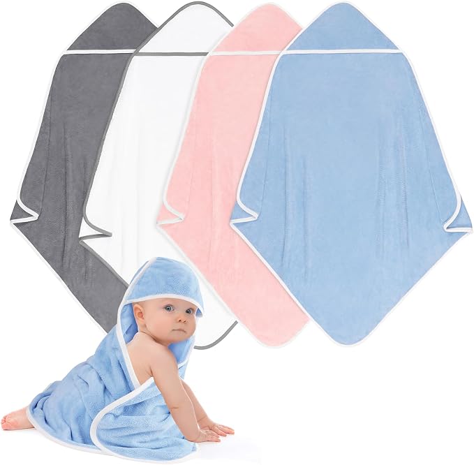 Hooded Towel for Newborn, 4 Pack Soft Coral Fleece Baby Towels, Ultra Absorbent by Unimade