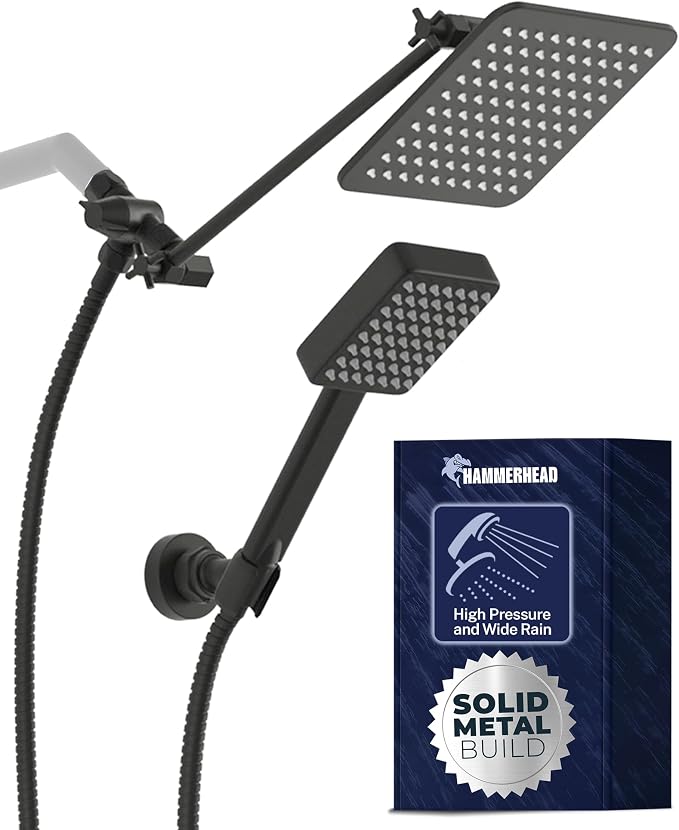 HammerHead® Solid Metal Dual Shower Head Combo — 8" Square Rain Shower Head by HammerHeadShowers