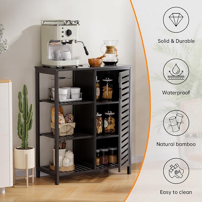 HITNET Black Bathroom Cabinet, Freestanding Storage Cabinet Bamboo Kitchen - Image 5