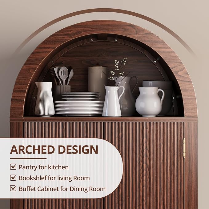 71" Tall Arched Kitchen Pantry, Wood Kitchen Storage Cabinet - Image 5