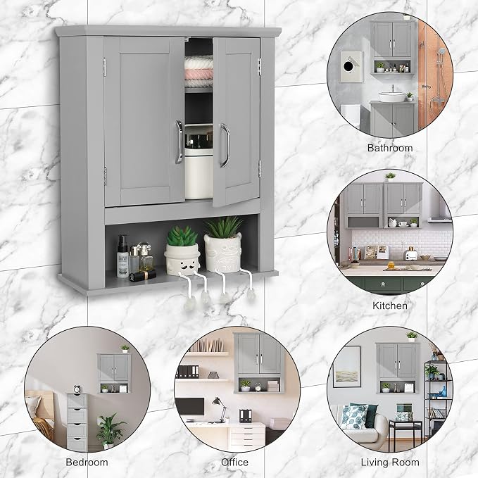 VINGLI Medecine Cabinet with 2 Doors Bathrooom Wall Cabinet Grey Over The - Image 7