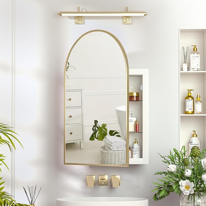 Recessed Medicine Cabinet with Mirror, Brushed Gold Arched Medicine Cabinets by Mepplzian