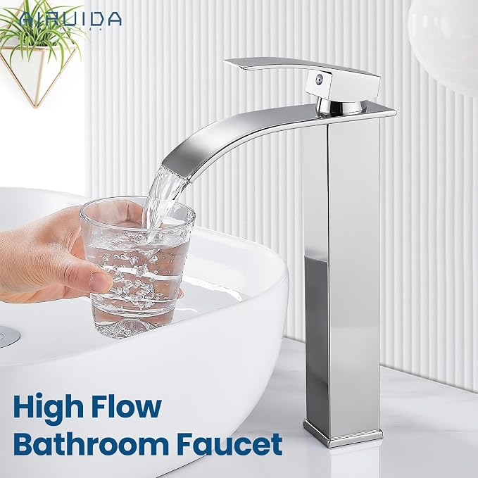 Airuida Tall Bathroom Vessel Faucet Chrome Polish Waterfall Bathroom Single - Image 2