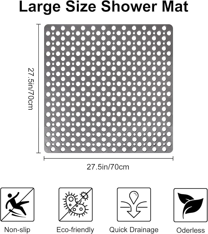 Anti Slip Shower Mat with Suction Cups, 27x27 Inch Quick Drain TPE Non Slip - Image 2