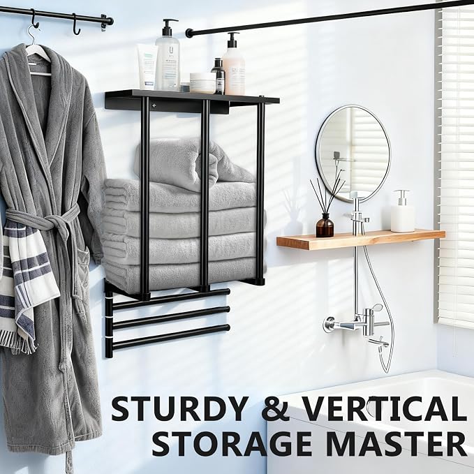 3-Tier Wall Mounted Towel Rack, Bathroom Storage Shelf - Image 5
