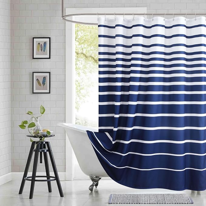 90 Inch Blue Shower Curtain, Extra Long Modern Navy Blue and White Stripe by BESTRIPES