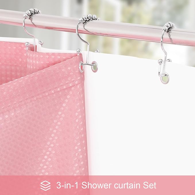 3 in 1 Extra Long Pink Shower Curtain Set-72 W x 84 H, Modern Waffle and PEVA - Image 2