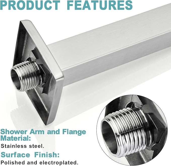 BESTILL 10 Inch Brushed Nickel Ceiling Mount Shower Arm and Flange, Square Rain - Image 5